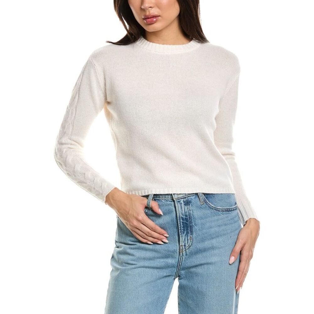 Brodie Cashmere Womens  Cable Sleeve Crewneck 100% Cashmere Sweater, White